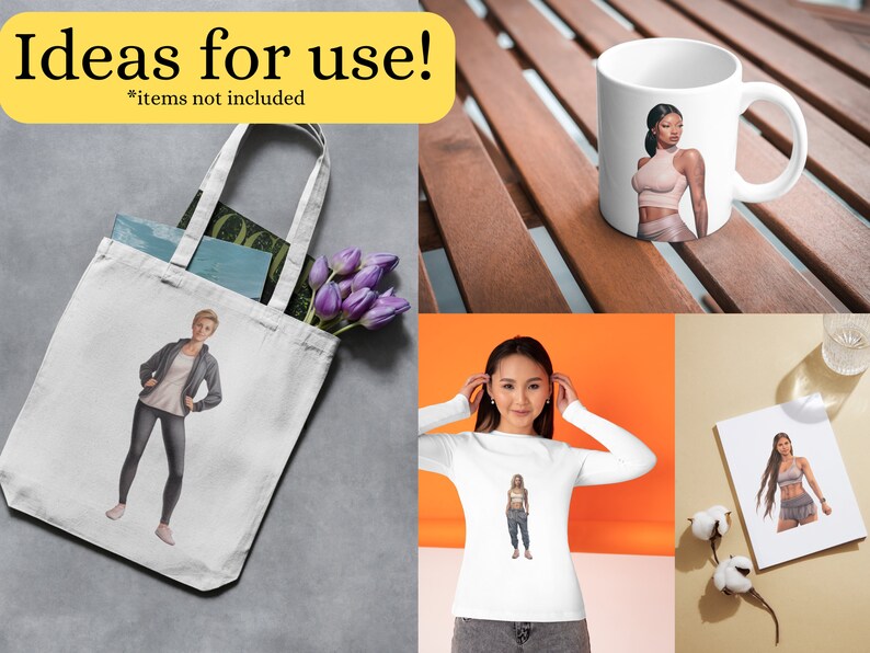 May include: A mockup of different products featuring a woman in athletic wear. The products include a tote bag, a mug, a t-shirt, and a print. The text "Ideas for use! *items not included" is at the top of the image.