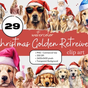 29 Christmas Golden Retriever Dog Watercolor Clipart Sublimation Bundle PNG Commercial Use Santa Hat Pets Holiday Cute Clip Art