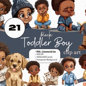 21 zwarte peuter jongen kinderen clipart bundel, Afro-Amerikaanse vrouwen PNG sublimatie bundel commercieel gebruik graphics aquarel kinderen illustraties
