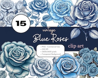 15 Blue Vintage Roses Clipart Sublimation Bundle PNG Commercial Use Graphics Elegant Flower Sketch Line Art Floral Dark Clip Art Digital