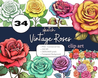 34 Vintage Roses Clipart Sublimation Bundle PNG Commercial Use Graphics Elegant Flower Sketch Line Art Floral Dark Clip Art Digital