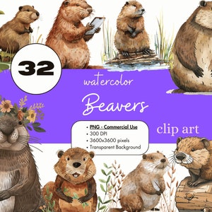 32 Beavers Acquerello Clipart Sublimazione Bundle PNG Uso commerciale Grafica Clip Art Digitale Animale carino Fauna selvatica Roditore Trasparente