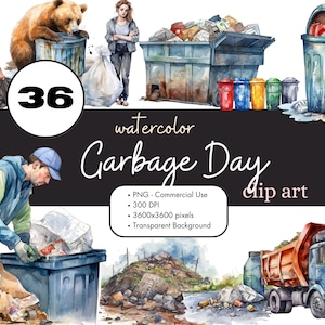 36 Müll Papierkorb Aquarell Clipart PNG Sublimation Bundle Kommerzielle Nutzung Grafiken Illustrationen Junk Recycle Littering Digital Clip Art