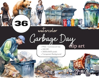 36 Garbage Trash aquarel clipart PNG sublimatie bundel commercieel gebruik grafische illustraties ongewenste Recycle rondslingeren digitale illustraties