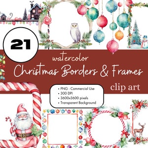 21 Weihnachten Borders Rahmen Aquarell Clipart Sublimation Bundle PNG Kommerzielle Nutzung Grafiken Digital Urlaub Santa Schneemann Karten Clip Art