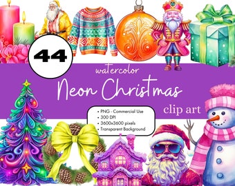 44 Neon Christmas Watercolor Clipart Sublimation Bundle PNG Commercial Use Graphics Invitations Digital Santa Claus Holiday Tree Clip Art
