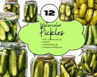 12 Pickles Watercolor Clipart Canning Sublimation Design Elements Bundle PNG Commercial Use Vegetables Trendy Food Clip Art