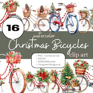 16 kerstfietsen aquarel clipart sublimatie bundel PNG commercieel gebruik graphics digitale vakantie fietsen Boho scrapbook kaarten clip art