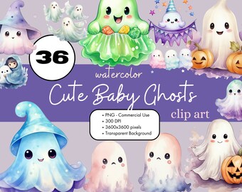 36 Baby Ghosts Cute Halloween Watercolor Clipart PNG Sublimation Bundle Commercial Use Graphics Spooky Illustrations Pastel Digital Clip Art