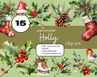 15 Christmas Holly Watercolor Clipart Sublimation Bundle PNG Commercial Use Graphics Pine Greenery Holiday Digital POD Invitations Clip Art