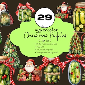 29 sottaceti di Natale Clipart ad acquerello Babbo Natale sublimazione elementi di design bundle PNG uso commerciale ornamenti grafica clip art di cibo