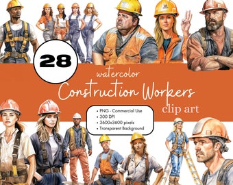 28 Construction Worker Watercolor Clipart Sublimation Bundle PNG Commercial Use Graphics Digital Women Occupation Men Handyman Scrapbook
