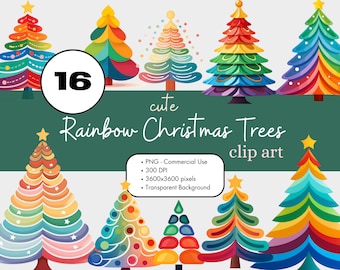 16 Rainbow Christmas Trees Clipart Sublimation Bundle PNG Commercial Use Graphics Elegant Holiday Winter Colorful Flat Cute Digital Clip Art