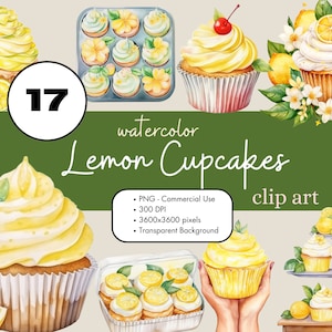 17 Cupcakes de limón acuarela clipart PNG sublimación paquete uso comercial gráficos postre comida merengue hornear clip art