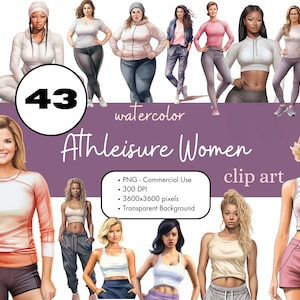 43 Athleisure Casual Moda Mujeres Acuarela Clipart Sublimación Paquete PNG Uso Comercial Gráficos Digital Mujeres Entrenamiento Gimnasio Chicas