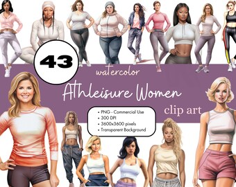 43 Athleisure Casual Fashion Women Watercolor Clipart Sublimation Bundle PNG Commercial Use Graphics Digital Women Workout Gym Girls