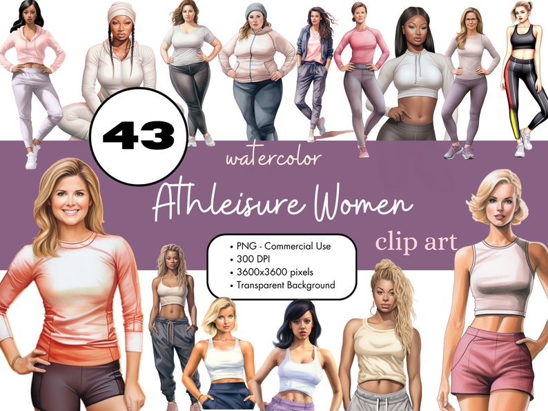 May include: A set of 43 watercolor illustrations of women wearing athletic clothing. The illustrations are in a variety of poses and feature different body types and skin tones. The illustrations are perfect for use in digital products, such as social media graphics, website designs, and printables.