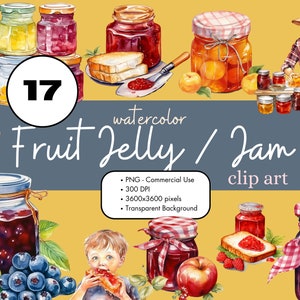 17 Fruit Jam Jelly Jars Watercolor Clipart PNG Sublimation Bundle Commercial Use Graphics Fruit Market Food Canning Digital Clip Art