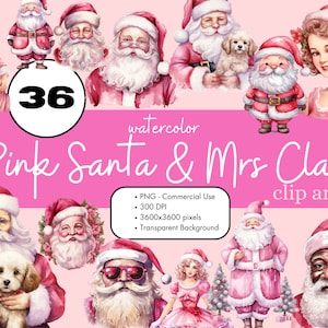 36 Pink Santa Claus Mrs Claus Watercolor Clipart Sublimation Bundle PNG Commercial Use Graphics Elegant Holiday Winter Pastel Clip Art