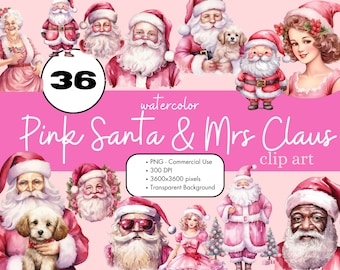 36 Pink Santa Claus Mrs Claus Watercolor Clipart Sublimation Bundle PNG Commercial Use Graphics Elegant Holiday Winter Pastel Clip Art