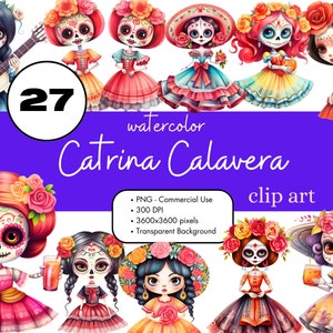 27 La Catrina Calavera Dolls Aquarell Clipart Sublimation Bundle PNG kommerzielle Nutzung Day of the Dead niedlich Dia de los Muertos Sugar Skull