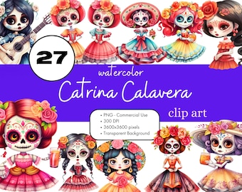 27 La Catrina Calavera dockor akvarell clipart sublimeringspaket PNG kommersiellt bruk dag för de döda söt Dia de los Muertos sockerskalle