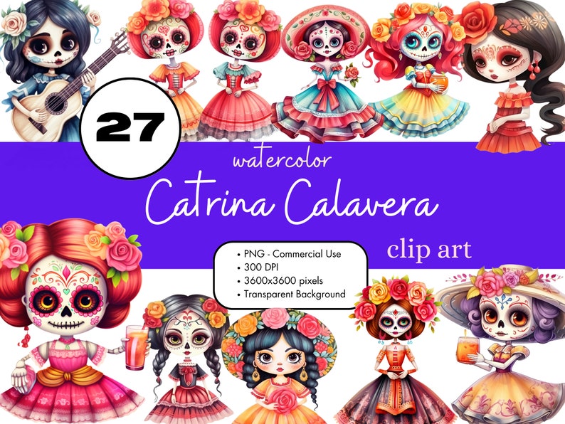 27 La Catrina Calavera Dolls Watercolor Clipart Sublimation Bundle PNG