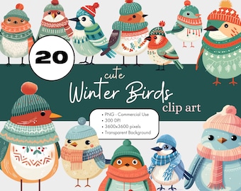 20 Winter Birds in Clothing Watercolor Clipart Sublimation Bundle PNG Commercial Use Graphics Christmas Scandinavian Cute Robin Blue Jay