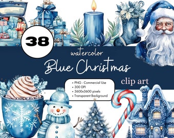 38 Blue Christmas Watercolor Clipart Sublimation Bundle PNG Commercial Use Graphics Elegant Holiday Winter Santa Tree Clip Art