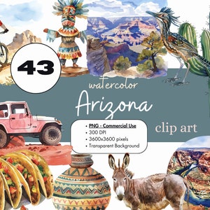 Bundle de cliparts aquarelle de voyage en Arizona, usage commercial PNG, voyage dans le désert du sud-ouest des États-Unis, scrapbooking, clipart numérique