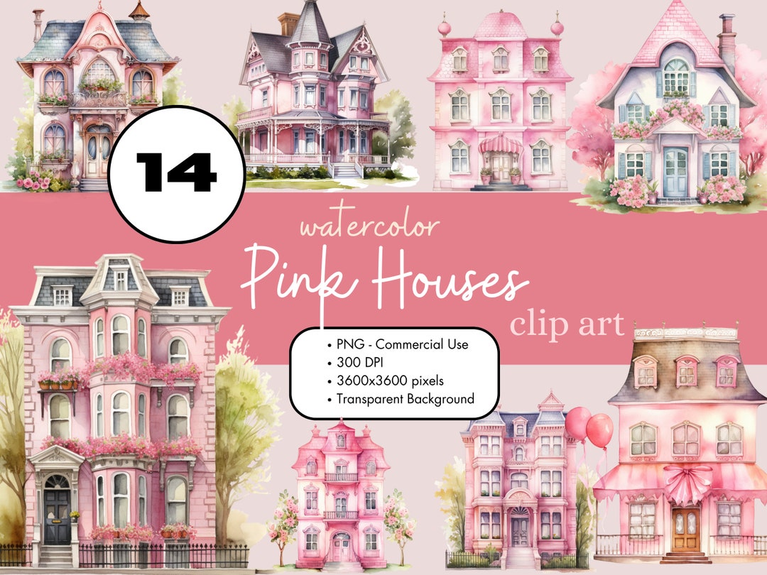 14 Pink Houses Watercolor Clipart Sublimation Bundle PNG Commercial Use ...