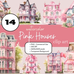 14 Różowych Domów Akwarela Clipart Sublimacja Pakiet PNG Komercyjne Wykorzystanie Grafiki Clip Art Wiktoriański Domek Rowowy Scrapbooking Cyfrowy Clip Art