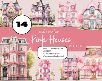 14 Pink Houses Watercolor Clipart Sublimation Bundle PNG Commercial Use Graphics Clip Art Victorian Rowhouse Scrapbooking Digital Clip Art