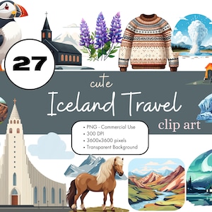 27 Iceland Travel Clipart Sublimation Design Elements Bundle PNG Commercial Use Graphics Europe Cartoon Digital Vacation Reykjavik Clip Art