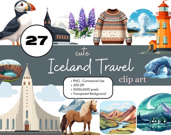 27 Iceland Travel Clipart Sublimation Design Elements Bundle PNG Commercial Use Graphics Europe Cartoon Digital Vacation Reykjavik Clip Art