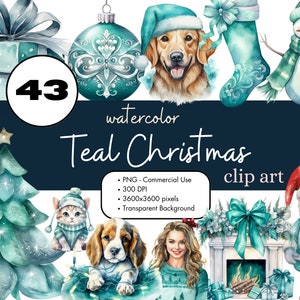 43 Teal Christmas Watercolor Clipart Sublimation Bundle PNG Commercial Use Graphics Elegant Holiday Winter Santa Pastel Clip Art