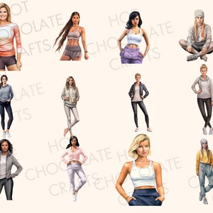 May include: A collage of ten illustrations of women wearing different athletic outfits. The women are all wearing different styles of clothing, including leggings, shorts, tank tops, and sweatshirts. Some of the women are wearing hats or headbands. All of the women are smiling and looking confident.
