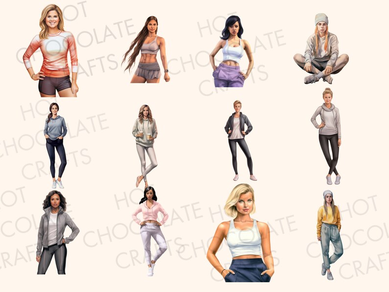 May include: A collage of ten illustrations of women wearing different athletic outfits. The women are all wearing different styles of clothing, including leggings, shorts, tank tops, and sweatshirts. Some of the women are wearing hats or headbands. All of the women are smiling and looking confident.