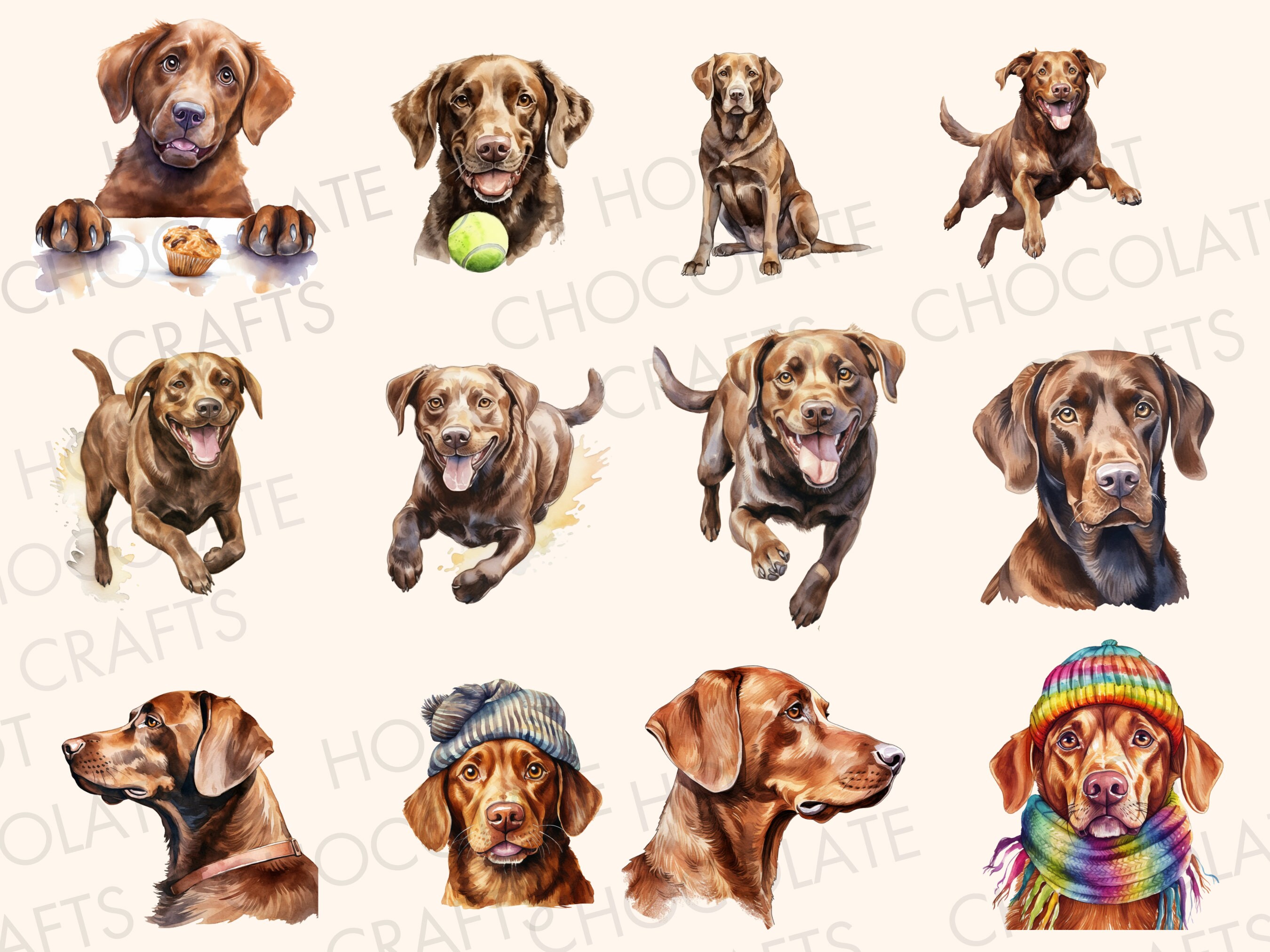 24 Chocolate Labrador Retriever Watercolor Clipart PNG Sublimation ...