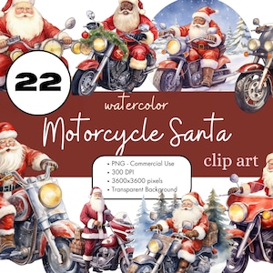 22 Motocicleta Papai Noel Aquarela Clipart Pacote de sublimação PNG Uso comercial Scooter Motociclista para impressão Feriado Engraçado Clip Art de Natal