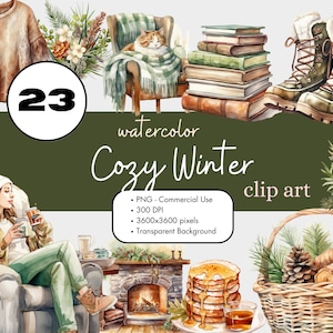 23 Cozy Winter Clipart Bundle, Watercolor PNG Sublimation Bundle Commercial Use Graphics Hygge Cottagecore POD Digital Journaling Clip Art