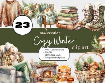 23 Pacote de clipart de inverno aconchegante, pacote de sublimação PNG em aquarela para uso comercial gráficos Hygge Cottagecore POD Clip Art de registro em diário digital