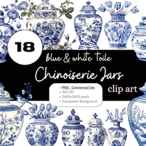 18 Chinoiserie potten gember porselein bloemen blauw wit Toile aquarel clipart sublimatie bundel PNG commerciële grafische illustraties