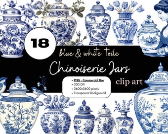 18 Chinoiserie Jars Ginger Porcelain Floral Blue White Toile Watercolor Clipart Sublimation Bundle PNG Commercial Graphics Clip Art