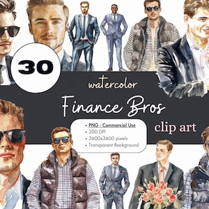 30 Finance Bros Young Businessmen Watercolor Clipart Bundle People Man PNG Sublimation Bundle Commercial Graphics Office Corporate Digital