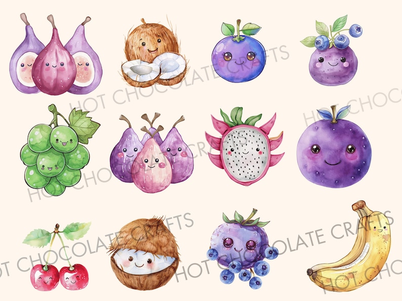 40 Kawaii Fruit Watercolor Clipart Sublimation Bundle PNG Commercial ...