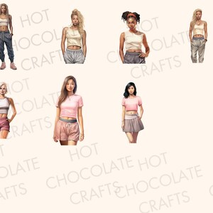 May include: Eight women wearing different crop tops and pants. The women are wearing a variety of colors, including white, pink, and gray. The women are all standing in a row, and they are all looking at the camera.