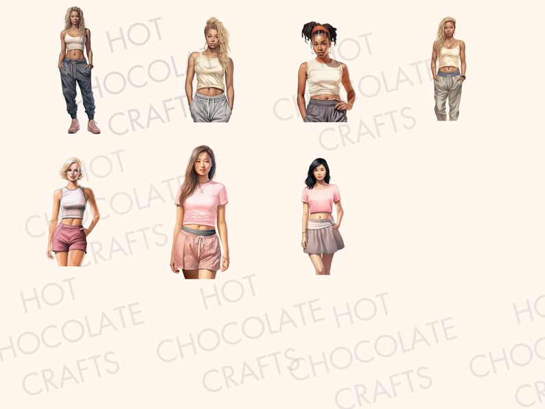May include: Eight women wearing different crop tops and pants. The women are wearing a variety of colors, including white, pink, and gray. The women are all standing in a row, and they are all looking at the camera.