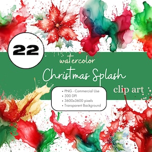 22 aquarel kerst splash clipart sublimatie bundel PNG commercieel gebruik graphics rood groen alcohol inkt achtergrond abstracte illustraties
