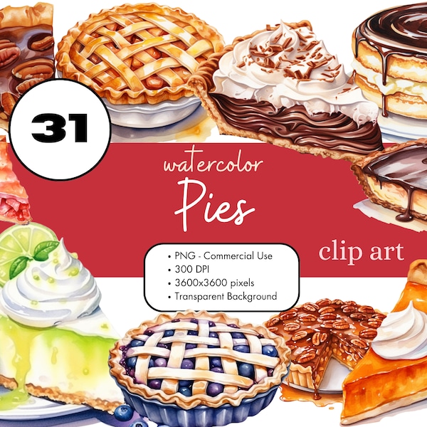 31 Pies Watercolor Clipart Sublimation Bundle PNG Commercial Use Graphics Digital Baked Pie Apple Key Lime Clip Art Junk Journal Scrapbook